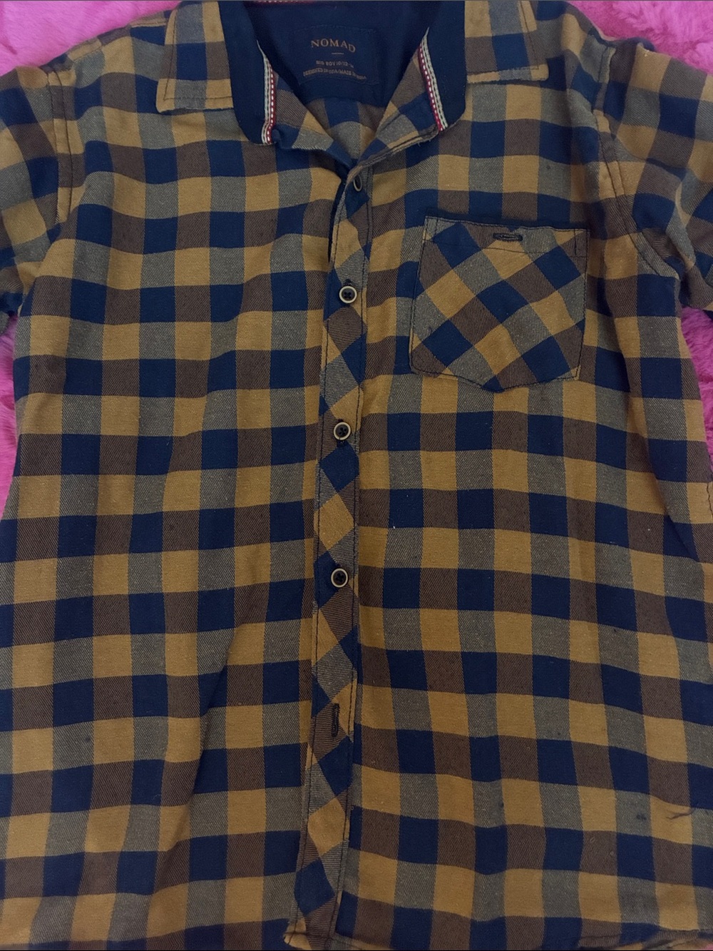 Nomad Men’s Navy and Mustard Plaid Short-Sleeve Button-Up Shirt